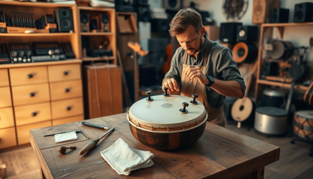 A serene workshop setting showcasing the delicate maintenance of a tongue drum, with an artisan in casual yet professional attire focused on tuning the instrument. In the foreground, the artisanal tongue drum sits on a rustic wooden table, surrounded by small tools like a tuner, mallets, and cleaning cloths. The middle ground features the artisan lovingly adjusting the drum’s tuners under warm, soft lighting that highlights the rich, natural wood grain of the drum. The background reveals shelves filled with sound-related equipment and additional musical instruments, creating an inviting atmosphere. The scene captures a sense of dedication, harmony, and craftsmanship, emphasizing the importance of care in preserving musical quality over time.