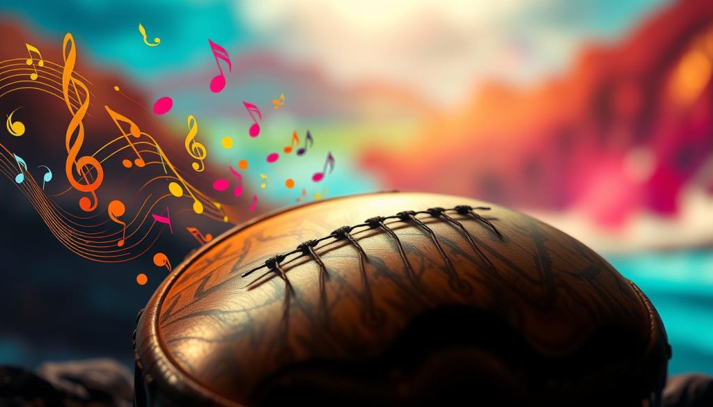 A vibrant, artistic representation of diverse musical scales and tonalities, featuring a beautifully crafted tongue drum in the foreground, its surface reflecting intricate patterns of sound waves and resonances. Surrounding the drum, lush, colorful notes and symbols rise and twist, evoking a sense of exotic melodies and harmonies. In the middle ground, soft, ethereal light illuminates the scene, casting gentle shadows that enhance the textures of the drum and musical elements. The background features a blurred, serene landscape of abstract colors that suggest different cultural atmospheres, emphasizing the global nature of music. The overall mood is calming and inspiring, inviting the viewer to explore the magic of sound and its unique tonalities. Soft, diffused lighting creates a dreamlike quality, and the angle captures the drum in a slightly tilted perspective, adding depth to the image.