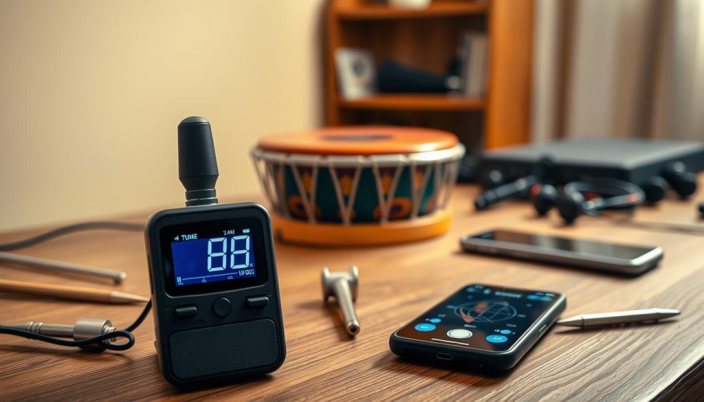 A well-equipped musician's workspace featuring a high-quality electronic tuner prominently in the foreground, with its digital screen lit up, displaying a precise tuning readout. In the middle ground, an elegant tongue drum rests on a wooden table, showcasing its vibrant colors and intricate craftsmanship. Scattered around are essential tuning tools such as a tuning fork and a smartphone displaying a tuning application. The background features soft, warm lighting that creates a welcoming, focused atmosphere, hinting at the creativity and precision involved in tuning instruments. A depth of field effect draws attention to the electronic tuner while subtly blurring the background, enhancing the professional ambiance of the scene.