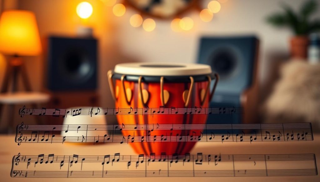 A beautifully arranged notation NMCA for a tongue drum, prominently displayed in the foreground. The image focuses on well-structured musical notes and symbols, intricately designed to reflect simplicity and clarity, making it easy to read. In the middle ground, a wooden tongue drum is elegantly positioned, showcasing its vibrant colors and unique design. The background features a softly blurred environment, with warm, ambient lighting that suggests a cozy music practice space or an inviting studio. The overall mood is calm and inviting, suggesting creativity and inspiration, perfect for learning music. The composition is captured with a slight top-down angle, bringing focus to the notation and the instrument, creating an engaging visual for the audience.