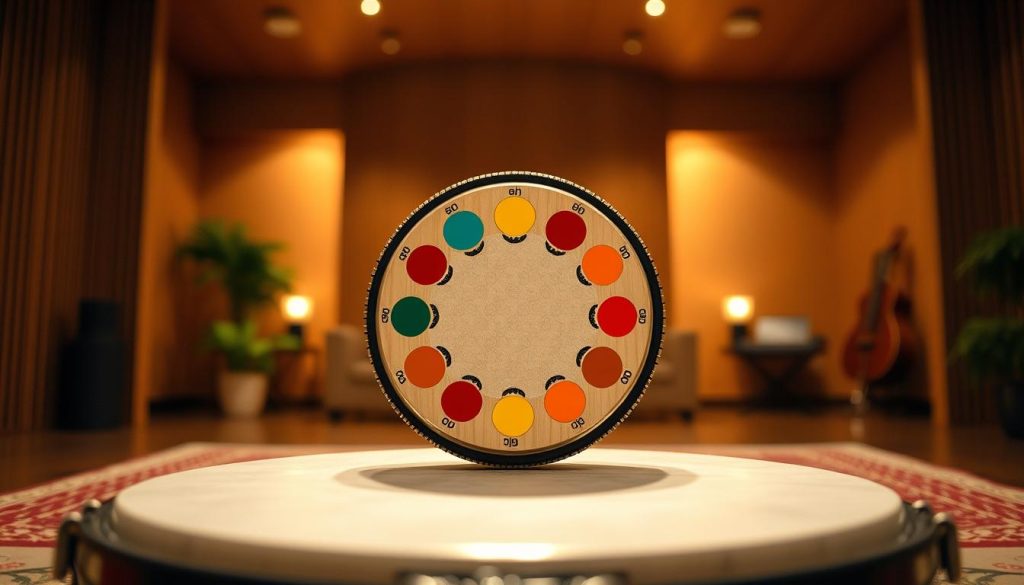 A beautifully arranged tongue drum set in a serene indoor environment, featuring an 8-note model. The drum is central in the foreground, displaying its unique, circular design with vibrant, harmonious colors representing each note. In the middle ground, soft, ambient lighting casts a warm glow, emphasizing the polished surface of the drum and its intricate patterns. The background features a softly blurred wooden interior, evoking a tranquil atmosphere conducive to music. The angle is slightly elevated, allowing a clear view of the drum's top and the arrangement of notes. The scene conveys a sense of calm and inspiration, inviting viewers to explore the musical potential of the tongue drum.
