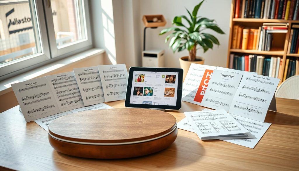 A beautifully arranged workspace featuring a tongue drum in the foreground, surrounded by various PDF sheet music partitions on a clean wooden desk. The sheet music should display vibrant notations and colorful cover designs, highlighting the theme of adapted pieces for a six-note tongue drum. In the middle ground, a tablet or laptop open to a selection of sheet music packs enhances the focus on digital resources. Soft natural lighting streams in from a nearby window, casting gentle shadows and creating a warm, inviting atmosphere. In the background, a bookshelf filled with music books and a potted plant adds depth and character to the scene, evoking a sense of creativity and inspiration. The image should convey a professional yet cozy workspace, suitable for musicians seeking quality resources. A beautifully arranged workspace featuring a tongue drum in the foreground, surrounded by various PDF sheet music partitions on a clean wooden desk. The sheet music should display vibrant notations and colorful cover designs, highlighting the theme of adapted pieces for a six-note tongue drum. In the middle ground, a tablet or laptop open to a selection of sheet music packs enhances the focus on digital resources. Soft natural lighting streams in from a nearby window, casting gentle shadows and creating a warm, inviting atmosphere. In the background, a bookshelf filled with music books and a potted plant adds depth and character to the scene, evoking a sense of creativity and inspiration. The image should convey a professional yet cozy workspace, suitable for musicians seeking quality resources.