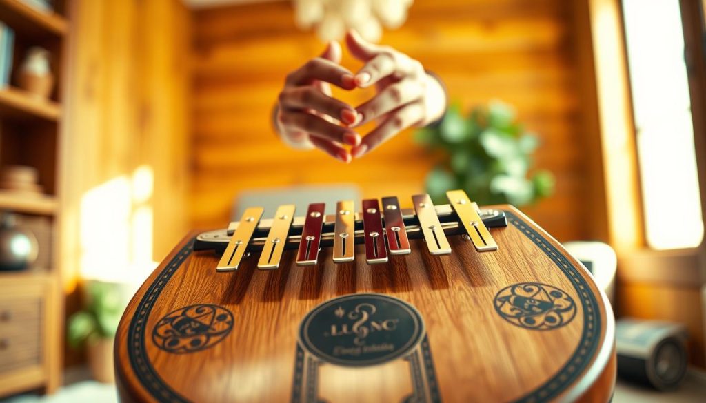 A beautifully crafted tongue drum in the key of D major positioned prominently in the foreground, featuring intricate designs and a polished wooden finish. The drum's metal notes shimmer with soft reflections from ambient lighting, emphasizing their smooth contours. In the middle, a pair of hands, depicted in professional attire, gracefully hover above the drum, poised to play gentle arpeggios. The background is a subtly blurred cozy room with warm wooden tones and soft lighting, creating an inviting atmosphere that suggests creativity and focus. Sunlight filters in through a nearby window, casting a gentle glow, enhancing the serene and meditative mood of the scene. The overall image should convey a sense of music and artistry, inviting viewers into the world of tongue drum melodies. A beautifully crafted tongue drum in the key of D major positioned prominently in the foreground, featuring intricate designs and a polished wooden finish. The drum's metal notes shimmer with soft reflections from ambient lighting, emphasizing their smooth contours. In the middle, a pair of hands, depicted in professional attire, gracefully hover above the drum, poised to play gentle arpeggios. The background is a subtly blurred cozy room with warm wooden tones and soft lighting, creating an inviting atmosphere that suggests creativity and focus. Sunlight filters in through a nearby window, casting a gentle glow, enhancing the serene and meditative mood of the scene. The overall image should convey a sense of music and artistry, inviting viewers into the world of tongue drum melodies.