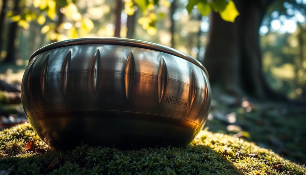 A close-up view of a beautifully crafted handpan, showcasing its intricate design with multiple tones in a rich, polished finish. Display the handpan in natural surroundings, resting on a soft, mossy ground, with sunlight filtering through the leaves overhead, creating a warm, dappled light effect. In the background, hint at a serene woodland scene with blurred, soft-focus trees and gentle foliage to create depth. The mood is peaceful and contemplative, inviting the viewer to imagine the soothing sound of the handpan's resonant tones. Use a soft focus lens to highlight the vibrant colors of the instrument while maintaining a harmonious balance with the surrounding nature. A close-up view of a beautifully crafted handpan, showcasing its intricate design with multiple tones in a rich, polished finish. Display the handpan in natural surroundings, resting on a soft, mossy ground, with sunlight filtering through the leaves overhead, creating a warm, dappled light effect. In the background, hint at a serene woodland scene with blurred, soft-focus trees and gentle foliage to create depth. The mood is peaceful and contemplative, inviting the viewer to imagine the soothing sound of the handpan's resonant tones. Use a soft focus lens to highlight the vibrant colors of the instrument while maintaining a harmonious balance with the surrounding nature.