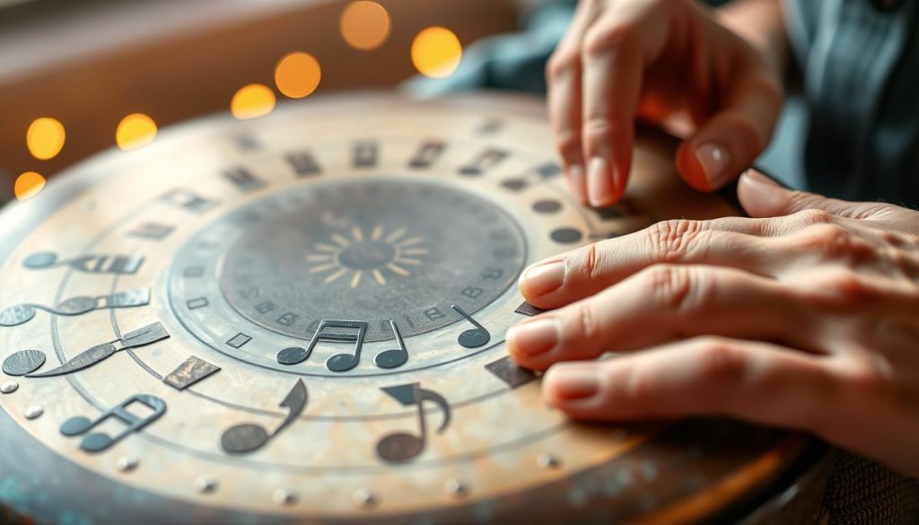 A close-up view of a person's hands skillfully playing a tongue drum, featuring beautifully crafted notes laid out in a circular pattern on the instrument's surface. The scene captures the vibrant colors of the drum, with a mix of metallic blues and earthy browns. In the foreground, fingers gracefully strike the notes, creating a sense of movement and harmony. The middle ground shows the hand's delicate positioning, highlighting the technique of finger drumming. The background features a softly blurred setting with warm ambient lighting, evoking a tranquil and creative atmosphere. The angle is slightly elevated, allowing viewers to appreciate both the craftsmanship of the tongue drum and the artistry of playing melodies.