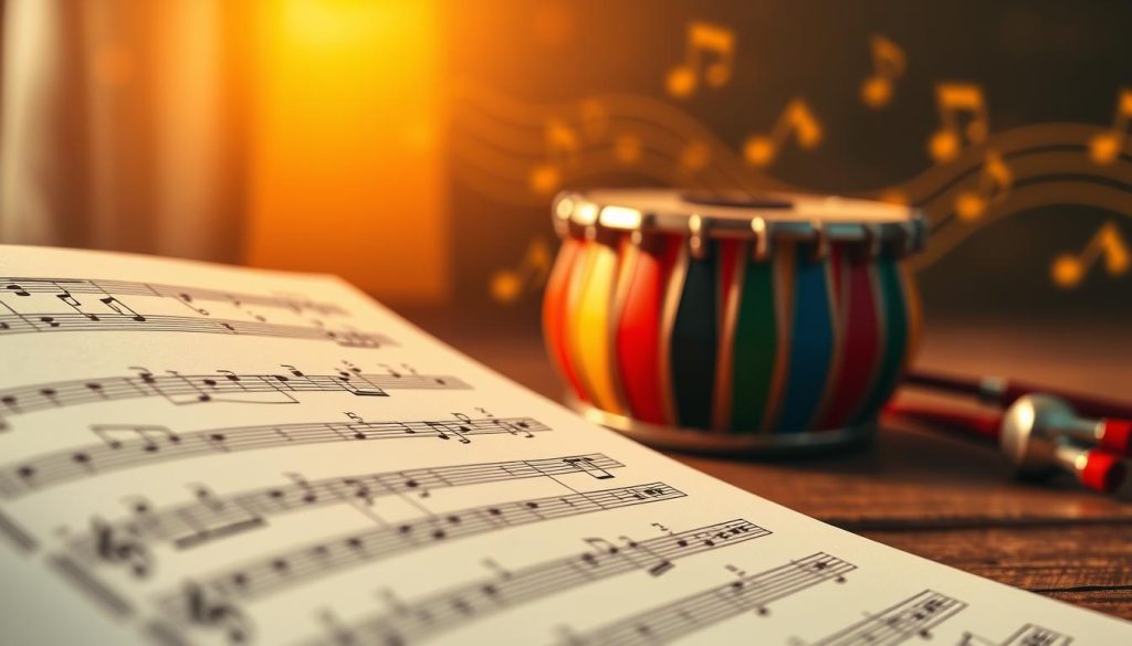 A detailed illustration of NMCA notation for musical education, showing a beautifully arranged setup that focuses on a tongue drum with six notes. In the foreground, present a close-up of a music score displaying the notation chiffrée, with clear, artistic representations of the numbers and symbols. The middle ground features the tongue drum, showcasing its vibrant colors and unique structure. The background includes soft, blurred outlines of musical notes and a warm ambient light that creates an inviting atmosphere for learning. The image captures a mood of creativity and inspiration, with golden hour lighting to evoke a sense of discovery. A detailed illustration of NMCA notation for musical education, showing a beautifully arranged setup that focuses on a tongue drum with six notes. In the foreground, present a close-up of a music score displaying the notation chiffrée, with clear, artistic representations of the numbers and symbols. The middle ground features the tongue drum, showcasing its vibrant colors and unique structure. The background includes soft, blurred outlines of musical notes and a warm ambient light that creates an inviting atmosphere for learning. The image captures a mood of creativity and inspiration, with golden hour lighting to evoke a sense of discovery.