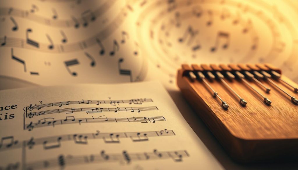 A serene, artistic representation of musical notation focusing on silence, measure, tempo, and note duration. In the foreground, a detailed close-up of a sheet music score featuring distinct rests and intricate time signatures, elegantly emphasized. The middle ground showcases a tongue drum with 11 notes, beautifully designed and polished, subtly reflecting soft light. In the background, an abstract swirl of musical notes and rhythmic patterns flows, evoking a sense of movement and harmony. The lighting is warm and inviting, creating a tranquil atmosphere, while a shallow depth of field ensures the focus remains on the sheet music and the tongue drum. The overall mood is both contemplative and inspiring, inviting viewers to explore the depths of musical composition.