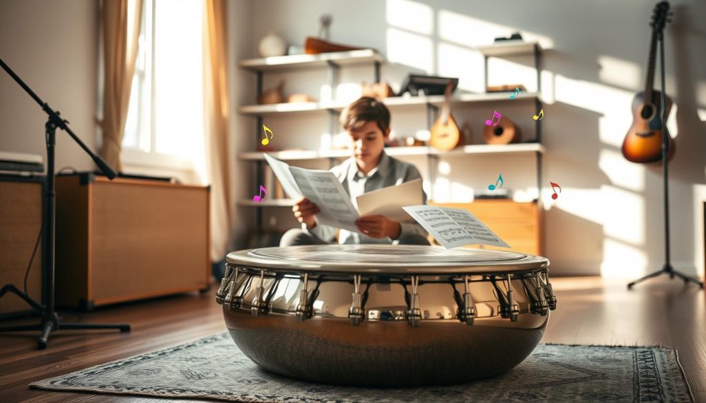 A serene indoor music studio, featuring a beautifully arranged setup of a tongue drum with 11 notes. In the foreground, the radiant tongue drum, crafted from shimmering metal, reflects soft sunlight streaming through a nearby window. Surrounding the drum are open sheet music and colorful musical notes floating gently around it, symbolizing the learning process. In the middle ground, a young musician sat cross-legged on a cozy rug, deeply focused while reading sheet music, dressed in comfortable yet professional attire, like a casual button-up shirt and trousers. The background showcases shelves filled with various musical instruments and soft shadows, creating a warm, inviting atmosphere. Natural light enhances the mood, suggesting creativity and passion in music learning.