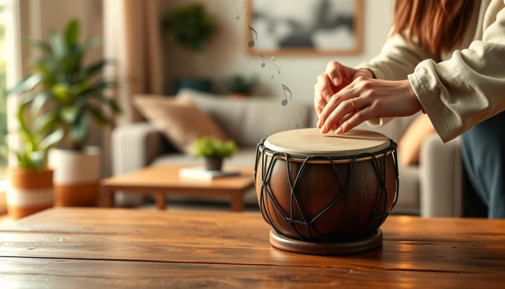 A serene indoor setting featuring a beautifully crafted tongue drum in D major, placed in the foreground on a rustic wooden table. The drum glimmers softly under warm, ambient lighting, creating a cozy atmosphere. In the background, a blurred view of a peaceful living room with plush seating and potted plants enhances the tranquility of the scene. Illustrate a pair of hands gently striking the drum, wearing modest casual clothing, showcasing rhythm and creativity. Include subtle visual cues like musical notes or soft vibrations emanating from the drum, hinting at its melodic beauty. Use a shallow depth of field to draw focus on the drum while maintaining a warm, inviting tone throughout the composition. A serene indoor setting featuring a beautifully crafted tongue drum in D major, placed in the foreground on a rustic wooden table. The drum glimmers softly under warm, ambient lighting, creating a cozy atmosphere. In the background, a blurred view of a peaceful living room with plush seating and potted plants enhances the tranquility of the scene. Illustrate a pair of hands gently striking the drum, wearing modest casual clothing, showcasing rhythm and creativity. Include subtle visual cues like musical notes or soft vibrations emanating from the drum, hinting at its melodic beauty. Use a shallow depth of field to draw focus on the drum while maintaining a warm, inviting tone throughout the composition.