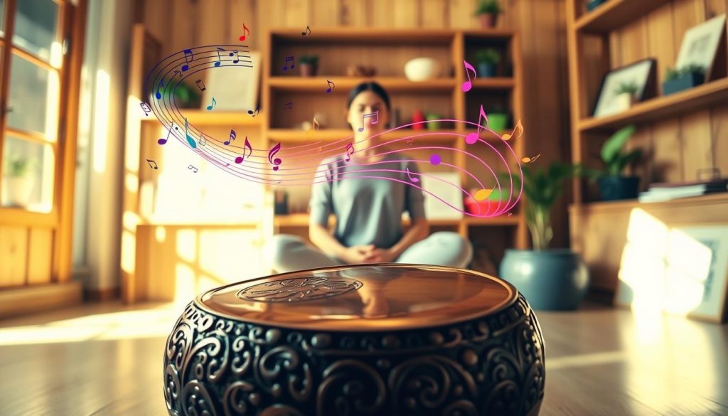 A serene, intimate scene highlighting a tongue drum in the key of D major, positioned in the foreground. The drum shines with intricate carvings and vibrant colors, reflecting natural light that filters through a softly lit room, creating a warm atmosphere. In the middle ground, a graceful figure, dressed in modest casual clothing, sits cross-legged and engaged in playing the tongue drum. Melodic notes visually emanate from the drum in swirling, colorful graphics, symbolizing the idea of melodies floating in the air. The background features a softly blurred musical environment with wooden elements, like shelves filled with music sheets and plants, adding an organic touch. The overall mood is peaceful and creative, capturing the essence of melodic inspiration. A serene, intimate scene highlighting a tongue drum in the key of D major, positioned in the foreground. The drum shines with intricate carvings and vibrant colors, reflecting natural light that filters through a softly lit room, creating a warm atmosphere. In the middle ground, a graceful figure, dressed in modest casual clothing, sits cross-legged and engaged in playing the tongue drum. Melodic notes visually emanate from the drum in swirling, colorful graphics, symbolizing the idea of melodies floating in the air. The background features a softly blurred musical environment with wooden elements, like shelves filled with music sheets and plants, adding an organic touch. The overall mood is peaceful and creative, capturing the essence of melodic inspiration.