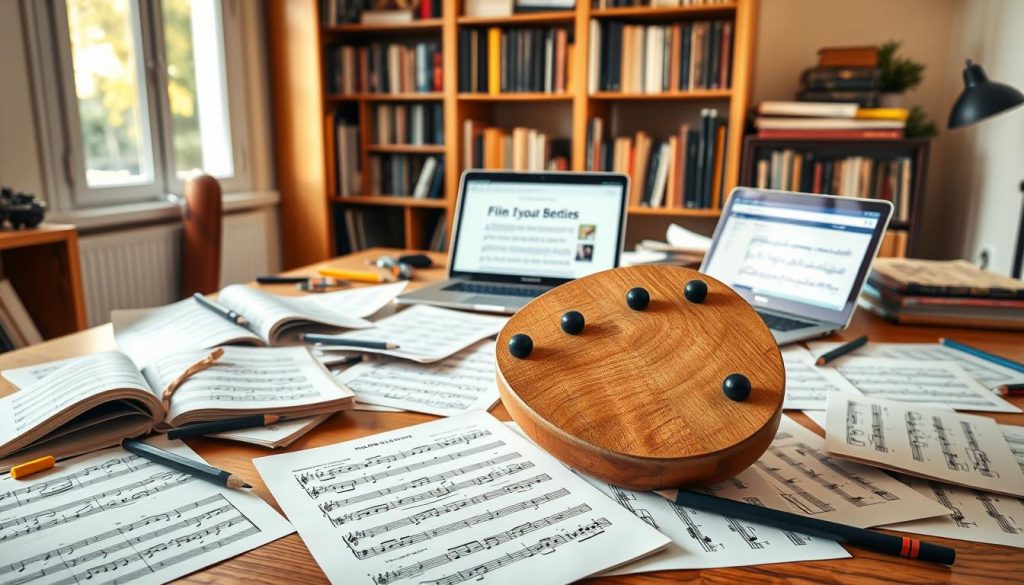 A serene music studio setting featuring a wooden tongue drum with six notes prominently displayed in the foreground. Surround the drum with scattered, open sheet music pages featuring various melodies, illustrating the theme of finding partitions. In the middle ground, incorporate a wooden desk cluttered with music notation tools, such as pencils, erasers, and a laptop displaying a webpage with free PDF resources for music sheets in France. The background should showcase softly lit bookshelves filled with music books and a window letting in warm, natural light, creating a calm and inviting atmosphere. Capture the scene from a slightly elevated angle, emphasizing the texture of the drum and the details of the sheet music, promoting a sense of inspiration and creativity. A serene music studio setting featuring a wooden tongue drum with six notes prominently displayed in the foreground. Surround the drum with scattered, open sheet music pages featuring various melodies, illustrating the theme of finding partitions. In the middle ground, incorporate a wooden desk cluttered with music notation tools, such as pencils, erasers, and a laptop displaying a webpage with free PDF resources for music sheets in France. The background should showcase softly lit bookshelves filled with music books and a window letting in warm, natural light, creating a calm and inviting atmosphere. Capture the scene from a slightly elevated angle, emphasizing the texture of the drum and the details of the sheet music, promoting a sense of inspiration and creativity.