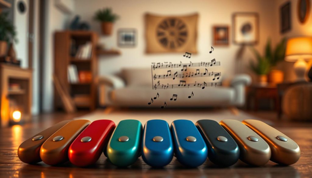 A serene scene depicting the essence of "mélodies" for a tongue drum with six notes. In the foreground, elegantly arranged tongue drums in various colors, each showcasing its unique note markings, bathed in soft, warm lighting that highlights their metallic sheen. The middle ground features sheet music, gently illuminated, with musical notes artistically flowing from the drums, symbolizing the melodies. In the background, a blurred image of a cozy, well-lit room with wooden accents and subtle musical decor enhances the atmosphere of tranquility and creativity. The overall mood should evoke inspiration and calmness, inviting the viewer to explore the beauty of music and rhythm. Use a soft focus effect to create a dreamlike ambiance, as if one is stepping into a melodic world. A serene scene depicting the essence of "mélodies" for a tongue drum with six notes. In the foreground, elegantly arranged tongue drums in various colors, each showcasing its unique note markings, bathed in soft, warm lighting that highlights their metallic sheen. The middle ground features sheet music, gently illuminated, with musical notes artistically flowing from the drums, symbolizing the melodies. In the background, a blurred image of a cozy, well-lit room with wooden accents and subtle musical decor enhances the atmosphere of tranquility and creativity. The overall mood should evoke inspiration and calmness, inviting the viewer to explore the beauty of music and rhythm. Use a soft focus effect to create a dreamlike ambiance, as if one is stepping into a melodic world.