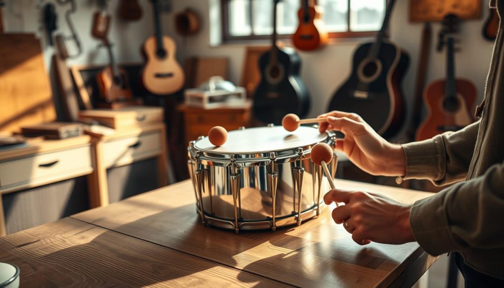 A serene workshop scene with a beautifully crafted 8-note tongue drum as the focal point, placed on a wooden table. The drum is made of shiny metal, reflecting soft natural light from a nearby window that casts gentle shadows. In the foreground, a pair of hands carefully prepares the instrument, tuning it with mallets, wearing modest casual clothing. The background features a cozy room adorned with musical notes and acoustic instruments, evoking a calm and inviting atmosphere. The image captures a sense of anticipation and preparation, with warm light enhancing the mood, shot with a shallow depth of field to emphasize the drum and the hands in action.