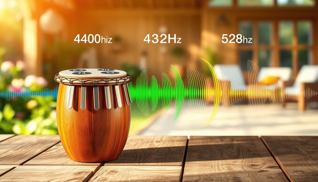 Create an artistic representation illustrating the frequencies of 440Hz, 432Hz, and 528Hz. In the foreground, feature a beautifully crafted tongue drum with eight notes, emphasizing its intricate details and vibrant colors. The drum should be placed on a rustic wooden table, inviting a sense of connection to nature. In the middle ground, include soft, flowing sound waves emanating from the drum, visually differentiating each frequency with distinct, harmonious colors—blue for 440Hz, green for 432Hz, and golden for 528Hz. In the background, add a serene environment with gentle soft-focus elements like a tranquil garden or peaceful sound studio, bathed in warm, natural lighting that evokes a calming atmosphere. This image should radiate a soothing, harmonious vibe, embodying the importance of these frequencies in musical harmony.