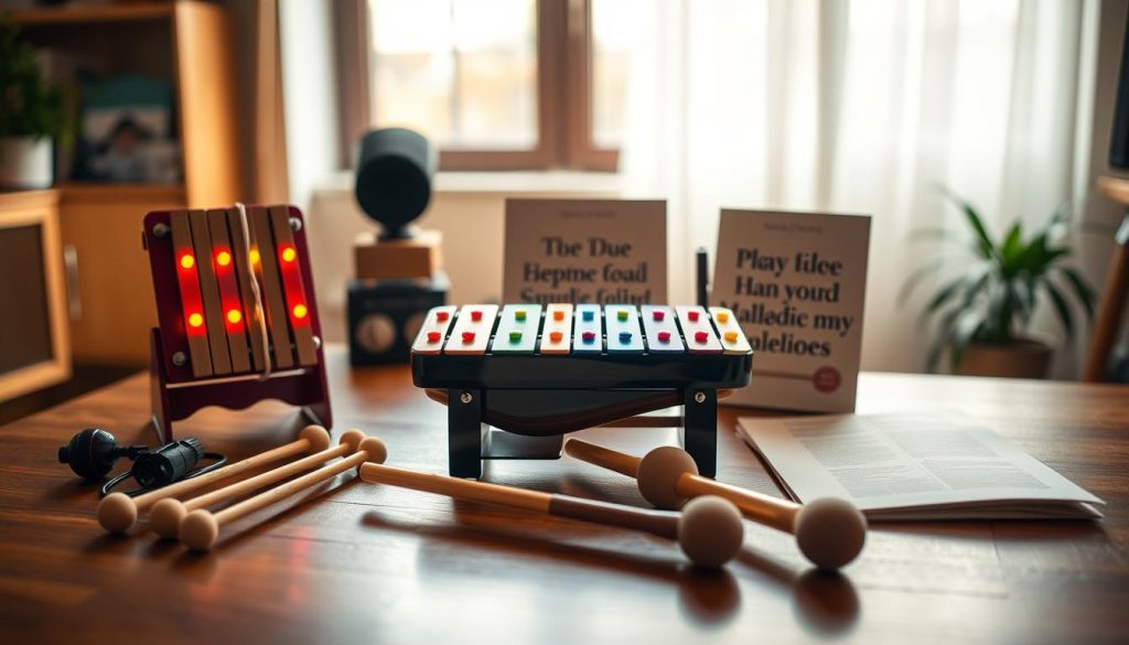 A beautifully arranged set of tongue drums, showcasing a variety of accessories such as mallets, stands, and instructional materials. In the foreground, feature a pair of colorful tongue drums with 15 glowing notes, positioned artistically atop a polished wooden surface. In the middle ground, include elegant mallets with soft cushioned tips, neatly placed next to a detailed guide to playing melodies. In the background, softly blurred, there are ambient elements like a warm, inviting studio setting with natural light filtering through a window, illuminating the instruments. The overall mood conveys a sense of creativity and tranquility, inviting viewers to explore the joy of music-making. Use a warm color palette and a shallow depth of field to enhance the focus on the instruments and accessories.
