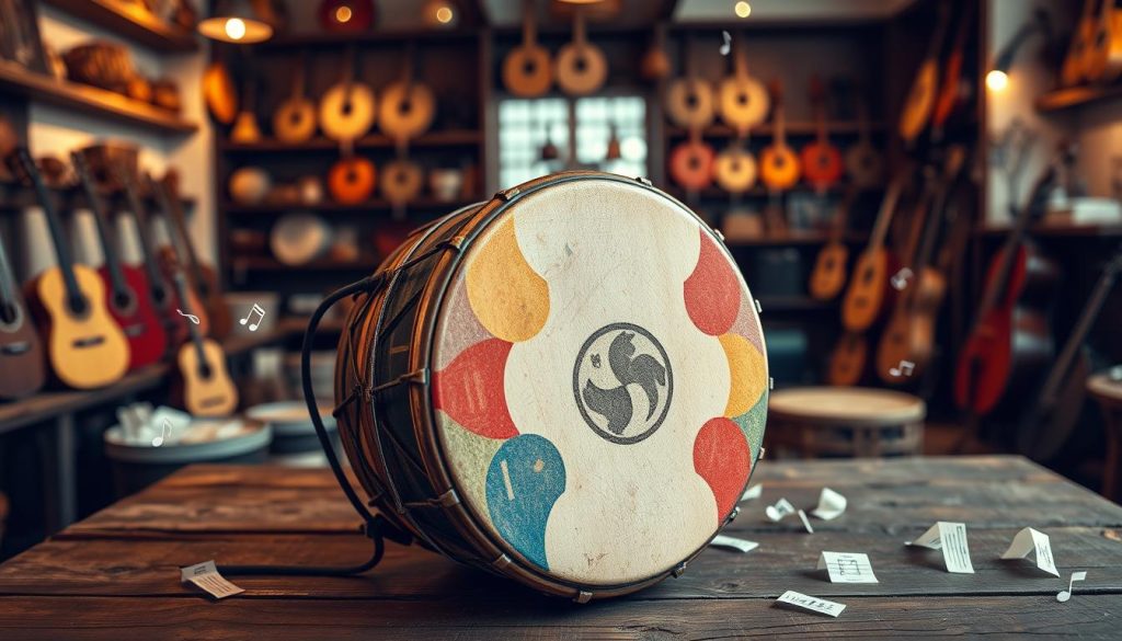 A beautifully arranged tongue drum with 15 notes, showcasing a range of vibrant colors and intricate designs on its surface, set prominently in the foreground. The drum is placed on a rustic wooden table, surrounded by small musical notes elegantly floating around. In the background, a cozy French music shop is visible, with shelves lined with various instruments, soft warm lighting creating an inviting atmosphere. The image should be captured in a slight overhead angle, emphasizing the drum’s details and textures. The mood is serene and artistic, echoing the beauty of music and craftsmanship. The setting conveys a sense of exploration and affordability in the world of musical instruments in France.