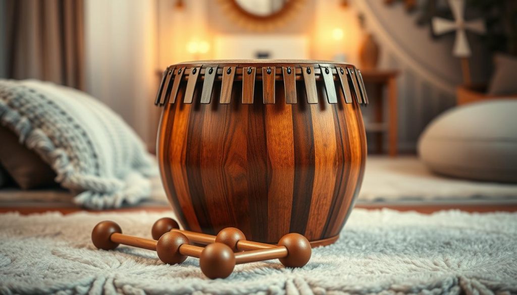 A beautifully crafted 13-note tongue drum is positioned prominently in the foreground, showcasing its intricate design, wooden texture, and colorful tones indicative of its musical possibilities. The drum is surrounded by a few mallets made of polished wood, elegantly placed, inviting interaction. In the middle ground, soft, warm lighting enhances the visual appeal, creating subtle shadows that highlight the drum's contours. The background is softly blurred, featuring a serene and minimalistic musical setting, perhaps a cozy room with plush rugs and faint hints of gentle decorations, suggesting a peaceful atmosphere for music exploration. The overall mood is inviting and contemplative, perfect for inspiring creativity and musical discovery with the 13-note tongue drum.
