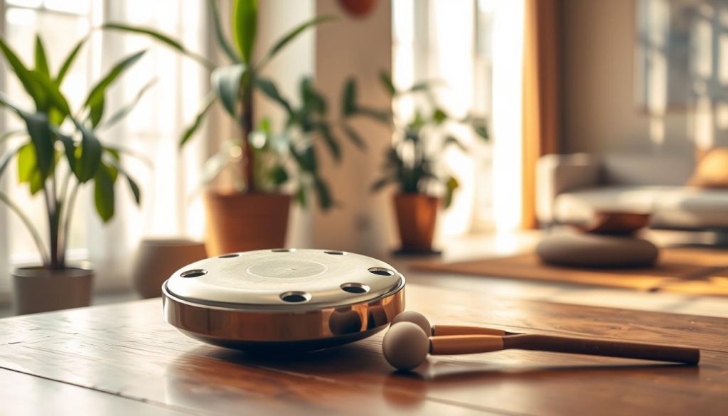 A beautifully crafted mini tongue drum resting on a wooden table in a serene, softly lit environment. The foreground features the tongue drum, showcasing its elegant, curved metal surface with multiple tone openings, reflecting hints of light. In the middle ground, a pair of mallets lie nearby, inviting interaction. The background includes a tranquil indoor setting with plants, gentle sunlight filtering through sheer curtains, and a comfortable meditation space. The atmosphere is calm and inviting, encouraging relaxation and contemplation. The scene is captured with a moderate depth of field, emphasizing the drum while gently blurring the background, using warm, natural lighting to enhance the overall peaceful mood.