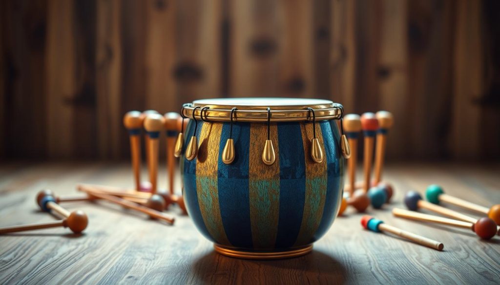 A beautifully crafted tongue drum with 15 notes is prominently featured in the foreground, showcasing its intricate design and rich textures. The drum is made of high-quality metal, with vibrant hues of blue and gold, reflecting light and creating a mesmerizing visual appeal. Surrounding the drum are an array of mallets, each with colorful wooden handles. In the middle ground, soft, ambient lighting casts gentle shadows, enhancing the depth of the scene. The background is a blurred wooden setting, invoking a warm, tranquil atmosphere that complements the musical theme. The angle captures the drum from slightly above, inviting viewers to appreciate its craftsmanship and inviting melodies. This peaceful scene evokes a sense of serenity and artistic expression, perfect for illustrating the beauty of music and its various scales.