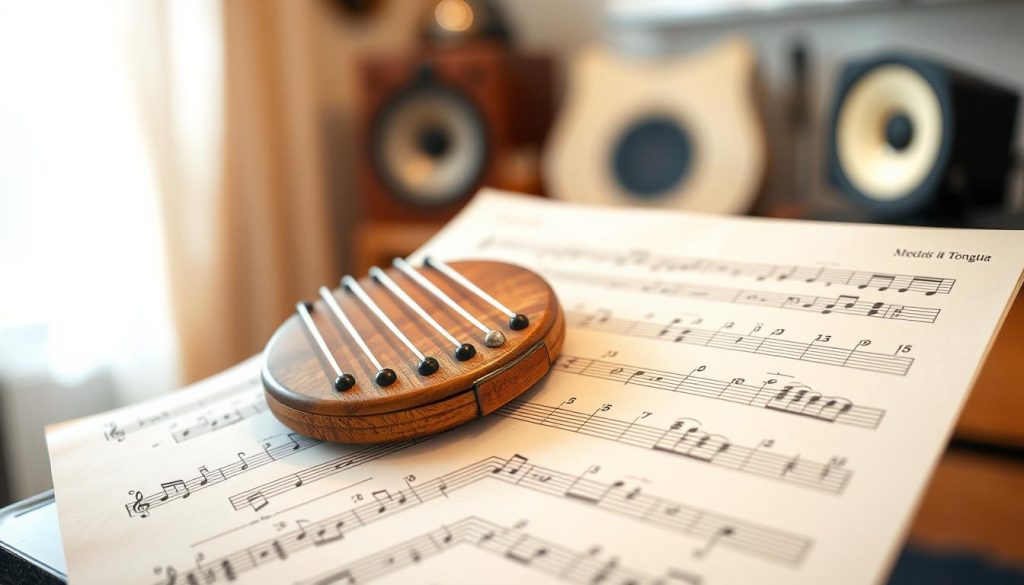 A beautifully illustrated sheet of music featuring a NMCA-style notation specifically for a 13-note tongue drum. In the foreground, focus on the sheet music displaying clear, numbered notes in an organized format, with musical symbols elegantly arranged. In the middle, include a close-up of a tongue drum, showcasing its unique design and textures, inviting viewers to connect with the instrument. The background should be softly blurred, suggesting a cozy music studio setting, with warm lighting enhancing the inviting atmosphere. Use a soft focus to create a serene and inspiring mood, evoking creativity and musical exploration. The overall composition should emphasize the beauty of the tongue drum and its musical possibilities without any text or distractions.