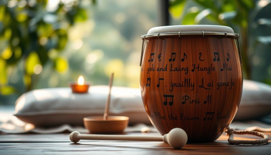 A close-up of a beautifully crafted mini tongue drum, showcasing its multiple languages and notes, arranged in an artistic display. The drum's smooth wooden surface reflects warm, ambient light, highlighting the intricate designs etched into its body. In the foreground, delicate mallets rest beside the drum, inviting interaction. The middle ground features a serene setting with soft cushions and a small incense holder, suggesting a peaceful meditation space. In the background, a blurred nature scene with soft foliage and dappled sunlight creates an organic atmosphere. The image evokes tranquility and inspiration, emphasizing the importance of exploring diverse musical languages, perfect for beginners in their journey of sound-making.