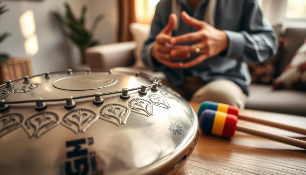 A close-up view of a pocket steel tongue drum, showcasing its polished metallic surface and intricate design patterns. The drum sits in the foreground on a softly textured wooden table, with colorful mallets resting nearby. In the middle ground, gentle hands of a musician, dressed casually yet elegantly, are poised to play, conveying a sense of interaction and engagement. The background features a serene, softly blurred living space, illuminated by warm, natural light filtering through a nearby window. The overall mood is relaxed and inviting, emphasizing the quality of sound and the everyday playing experience. The composition focuses on craftsmanship and joy in music-making, inviting viewers to connect with the essence of sound quality.
