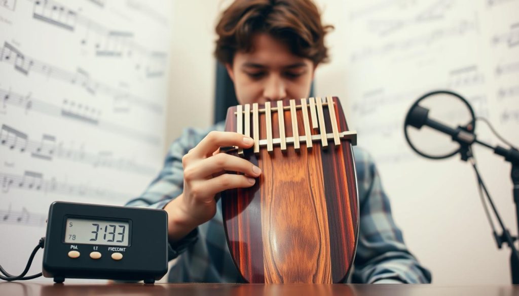 A person in modest casual clothing carefully adjusts an electronic tuner next to a beautifully crafted tongue drum with 13 notes. The foreground features the electronic tuner with a clear digital display, showcasing the frequency reading. The midground includes the tongue drum, emphasizing its intricate design and vibrant colors. In the background, a soft, blurred music studio setup adds depth, with subtle musical notes faintly visible, creating an immersive atmosphere. Soft, warm lighting highlights the details of the tuner and drum, while a shallow depth of field draws focus to the musician’s attentive expression, reflecting concentration and passion for music. The overall mood is serene and focused, embodying the exploration of musical possibilities with the tongue drum.