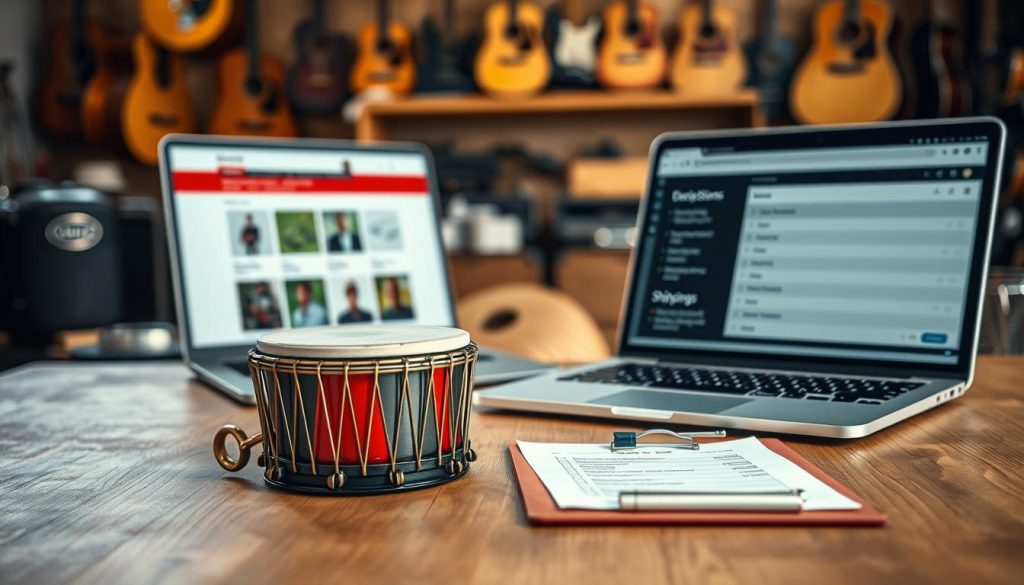 A professional and serene image depicting the logistics of e-commerce: in the foreground, a neatly arranged wooden table with a miniature pocket steel tongue drum elegantly placed atop, showcasing its intricate design and vibrant colors. In the middle ground, a laptop with an open e-commerce site displaying product options, stock availability, and shipping information, alongside a clipboard with checklists for returns and pricing. The background features a cozy, well-lit workspace with shelves of musical instruments, ensuring a warm and inviting atmosphere. Soft, natural lighting floods the scene, bringing out rich textures and colors, with a shallow depth of field to emphasize the main elements. The overall mood is organized and professional, infused with a sense of trust and reliability in the purchasing process.
