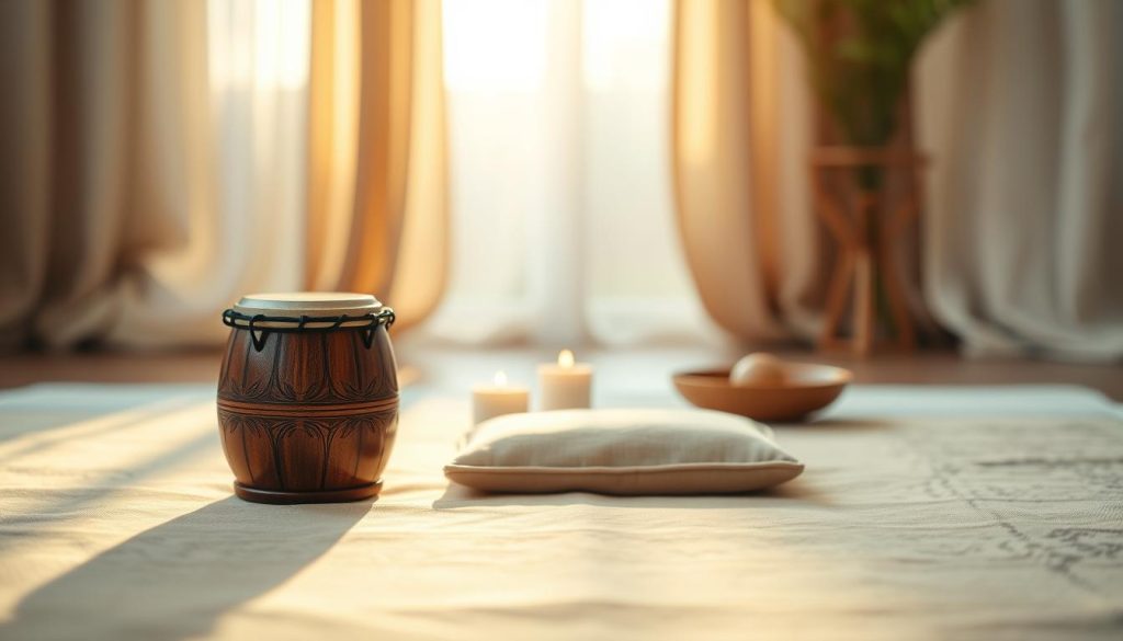 A serene and inviting meditation space, featuring a mini tongue drum at the forefront. The drum, crafted from rich, polished wood with intricate carvings, sits on a soft, natural fabric surface. In the middle ground, a small cushion invites peaceful practice, surrounded by gentle elements like a flickering candle and a softly glowing incense holder. The background reveals a tranquil setting with soft sunlight filtering through sheer curtains, casting warm, golden hues. The focus is intimate, showcasing the drum's craftsmanship and its calming presence. The atmosphere is tranquil and reflective, perfect for emphasizing a choice of mini tongue drums suitable for different meditation practices.