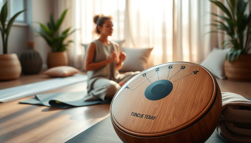 A serene and inviting music therapy scene showcasing a person seated comfortably on a yoga mat, surrounded by calming elements. The foreground features a beautifully crafted 15-note tongue drum, glistening softly under warm, diffused sunlight. In the middle ground, the individual, dressed in loose, modest, casual clothing, plays the drum gently, exuding a sense of tranquility and focus. The background includes a softly blurred, peaceful setting with indoor plants, cushions, and gentle light filtering through sheer curtains, creating an atmosphere of relaxation and mindfulness. The warm colors enhance the mood, promoting a feeling of serenity and healing, ideal for depicting the therapeutic benefits of music.