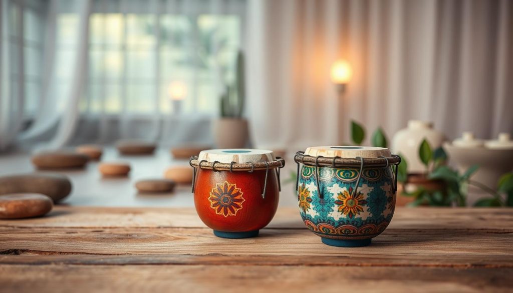 A serene and inviting scene featuring two mini tongue drums, one tuned to 432 Hz and the other to 440 Hz. In the foreground, the drums are beautifully crafted, showcasing intricate designs and vibrant colors, placed on a soft, rustic wooden surface. The middle ground should depict a calming space adorned with natural elements, like smooth stones and soft greenery, enhancing the meditative atmosphere. In the background, a gentle light filters through sheer curtains, creating a warm, ethereal glow that highlights the instruments. The overall mood is peaceful and tranquil, inviting the viewer to relax and reflect. Aim for a soft focus with a shallow depth of field to emphasize the drums, while the background gently fades to enhance the sense of calm.