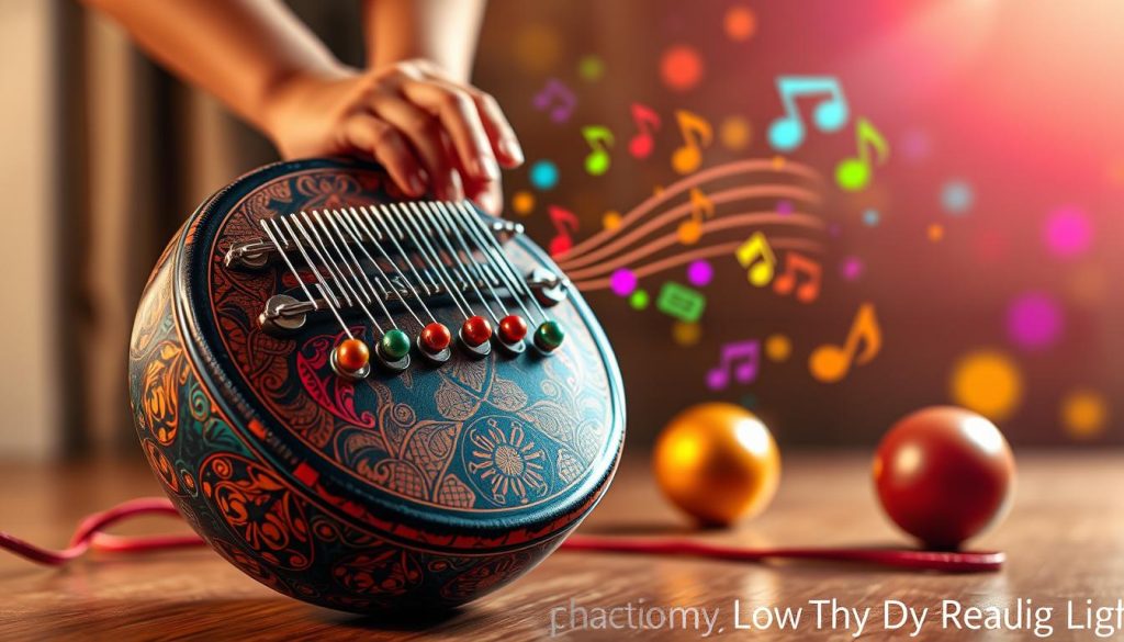 A vibrant and engaging scene depicting a beautifully crafted tongue drum with 13 notes, featuring a variety of colors, textures, and intricate patterns. In the foreground, the tongue drum is positioned prominently, showcasing its unique shape and resonating surfaces. In the middle ground, a pair of hands gently interacts with the drum, illustrating the act of playing, with colorful sound waves emanating from the notes. The background features a soft-focus setting, highlighting musical notes and abstract shapes that suggest harmony. The lighting is warm and inviting, casting soft shadows, with a slight lens flare to add depth. The atmosphere is tranquil and inspiring, encouraging creativity and musical exploration.