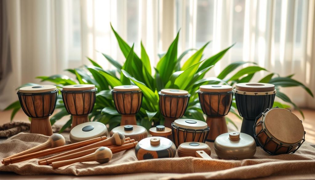 A beautifully arranged display of various tongue drums made of wood and steel in a serene, calming environment. In the foreground, showcase several tongue drums of different sizes and shapes resting on a textured fabric. In the middle ground, add lush green plants that evoke a sense of tranquility, enhancing the theme of relaxation and music therapy. The background features soft-focus sunlight filtering through sheer curtains, casting gentle, warm light across the scene. The mood is peaceful and inviting, encouraging an atmosphere of mindfulness and harmony. Capture this composition with a soft focus lens, using natural lighting to emphasize the textures of the drums, while maintaining a balanced and harmonious color palette. A beautifully arranged display of various tongue drums made of wood and steel in a serene, calming environment. In the foreground, showcase several tongue drums of different sizes and shapes resting on a textured fabric. In the middle ground, add lush green plants that evoke a sense of tranquility, enhancing the theme of relaxation and music therapy. The background features soft-focus sunlight filtering through sheer curtains, casting gentle, warm light across the scene. The mood is peaceful and inviting, encouraging an atmosphere of mindfulness and harmony. Capture this composition with a soft focus lens, using natural lighting to emphasize the textures of the drums, while maintaining a balanced and harmonious color palette.