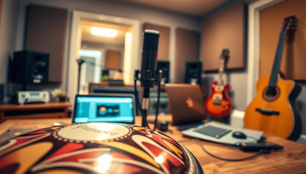 A close-up view of a shiny tongue drum placed atop a wooden table in a cozy home studio setting. The foreground features the drum's intricate designs and vibrant colors. In the middle ground, a high-quality microphone stands near the drum, connected to a laptop with visible audio recording software, indicating a home recording setup. In the background, soft, warm lighting illuminates the room, creating an inviting atmosphere. The walls are adorned with soundproofing panels and a few musical instruments can be seen in the blurred background, enhancing the creative environment. The overall mood is relaxed and inspiring, perfect for capturing high-quality sound without a professional studio.