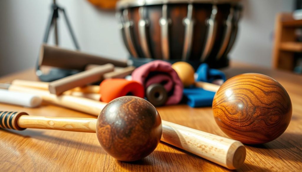 A close-up view of mallets and mallets materials arranged aesthetically on a wooden table. In the foreground, focus on two beautifully crafted mallets: one made of soft rubber, showing a slight bounce and rich texture, and another made of hardwood with intricate grain patterns, reflecting warm light. The middle ground features an array of materials used for making mallets, including felt, silicone, and wood, each showcasing their unique colors and textures. In the background, slightly blurred, a tongue drum can be seen, hinting at the musical context. The lighting is soft and natural, enhancing the warm, inviting atmosphere of a music studio. Use a shallow depth of field to emphasize the mallets while keeping the background elements recognizable but less distinct. A close-up view of mallets and mallets materials arranged aesthetically on a wooden table. In the foreground, focus on two beautifully crafted mallets: one made of soft rubber, showing a slight bounce and rich texture, and another made of hardwood with intricate grain patterns, reflecting warm light. The middle ground features an array of materials used for making mallets, including felt, silicone, and wood, each showcasing their unique colors and textures. In the background, slightly blurred, a tongue drum can be seen, hinting at the musical context. The lighting is soft and natural, enhancing the warm, inviting atmosphere of a music studio. Use a shallow depth of field to emphasize the mallets while keeping the background elements recognizable but less distinct.