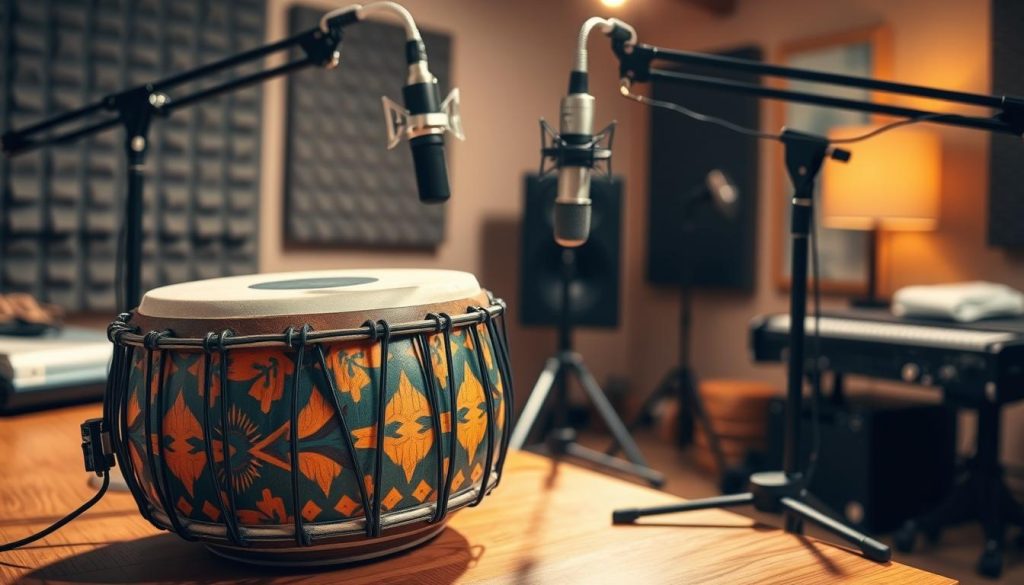 A professional recording setup featuring a tongue drum, focused on the placement of microphones. In the foreground, a beautifully crafted tongue drum rests on a wooden table, showcasing its intricate designs and vibrant colors. In the middle ground, two high-quality condenser microphones are positioned strategically above and around the drum, capturing the essence of sound. Soft, warm studio lighting bathes the scene, creating an inviting atmosphere. In the background, subtle hints of acoustic panels and soundproofing materials suggest a home recording environment. The camera angle is slightly elevated, emphasizing the drum and microphones while providing a depth of field that softly blurs the background, ensuring the viewer’s attention is drawn to the setup used for optimal sound recording techniques.