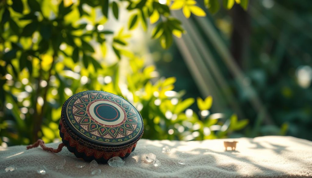 A serene and inviting scene featuring a beautifully crafted tongue drum in the foreground, showcasing its intricate patterns and vibrant colors. The drum is positioned on a soft, natural surface, surrounded by small, shimmering crystals that reflect the calming frequencies of 432 Hz, 440 Hz, and 444 Hz. In the middle ground, lush greenery creates a soothing backdrop, while soft rays of sunlight filter through the leaves, casting gentle patterns of light and shadow. The atmosphere is tranquil and immersive, evoking a sense of relaxation and meditative calm. The image is captured with a shallow depth of field, emphasizing the details of the drum while softly blurring the background. The overall mood is harmonious and peaceful, inviting the viewer to explore the benefits of sound therapy through the tongue drum. A serene and inviting scene featuring a beautifully crafted tongue drum in the foreground, showcasing its intricate patterns and vibrant colors. The drum is positioned on a soft, natural surface, surrounded by small, shimmering crystals that reflect the calming frequencies of 432 Hz, 440 Hz, and 444 Hz. In the middle ground, lush greenery creates a soothing backdrop, while soft rays of sunlight filter through the leaves, casting gentle patterns of light and shadow. The atmosphere is tranquil and immersive, evoking a sense of relaxation and meditative calm. The image is captured with a shallow depth of field, emphasizing the details of the drum while softly blurring the background. The overall mood is harmonious and peaceful, inviting the viewer to explore the benefits of sound therapy through the tongue drum.