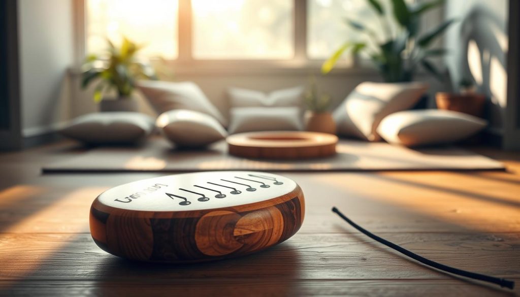 A serene and inviting scene featuring a beautifully crafted tongue drum, resting on a natural wooden surface. In the foreground, the drum has vibrant, painted notes representing the pentatonic scale, inviting easy play. Soft, warm lighting creates a tranquil atmosphere, casting gentle shadows that enhance the drum's texture. In the middle ground, a comfortable meditation space is arranged with cushions and plants, fostering a sense of calm and relaxation. The background features soft-focus elements, like a faint view of gentle sunlight filtering through leaves, contributing to a peaceful environment. The mood is tranquil and meditative, perfect for introspection and intuitive sound exploration. A serene and inviting scene featuring a beautifully crafted tongue drum, resting on a natural wooden surface. In the foreground, the drum has vibrant, painted notes representing the pentatonic scale, inviting easy play. Soft, warm lighting creates a tranquil atmosphere, casting gentle shadows that enhance the drum's texture. In the middle ground, a comfortable meditation space is arranged with cushions and plants, fostering a sense of calm and relaxation. The background features soft-focus elements, like a faint view of gentle sunlight filtering through leaves, contributing to a peaceful environment. The mood is tranquil and meditative, perfect for introspection and intuitive sound exploration.
