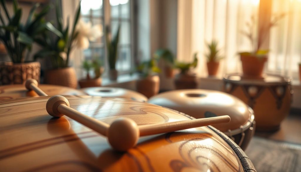 A serene, close-up view of a beautiful set of sons enveloppant tongue drums arranged in a calming, meditative setting. The drums are crafted from polished wood with intricate patterns, shimmering lightly in soft, ambient lighting. In the foreground, a pair of mallets rests gently on one of the drums, hinting at their harmonious potential. The middle ground features a softly focused backdrop of a tranquil room decorated with potted plants and natural elements, contributing to a peaceful atmosphere. Diffused sunlight filters through a nearby window, casting warm tones that enhance the inviting mood. The scene captures the essence of meditation through sound, encouraging a deeper understanding of the tongue drum’s sonorities. A serene, close-up view of a beautiful set of sons enveloppant tongue drums arranged in a calming, meditative setting. The drums are crafted from polished wood with intricate patterns, shimmering lightly in soft, ambient lighting. In the foreground, a pair of mallets rests gently on one of the drums, hinting at their harmonious potential. The middle ground features a softly focused backdrop of a tranquil room decorated with potted plants and natural elements, contributing to a peaceful atmosphere. Diffused sunlight filters through a nearby window, casting warm tones that enhance the inviting mood. The scene captures the essence of meditation through sound, encouraging a deeper understanding of the tongue drum’s sonorities.