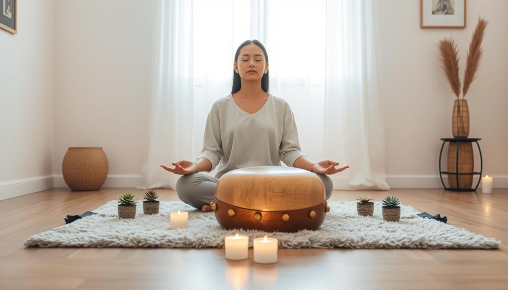 A serene meditation space set in a softly lit room. In the foreground, a person sitting cross-legged on a plush mat, dressed in comfortable, modest clothing, displaying a peaceful posture with closed eyes. In the middle, a beautifully crafted tongue drum rests on the mat, surrounded by small potted plants and candles flickering gently, casting warm light. In the background, a window with sheer curtains allows soft natural light to filter in, illuminating the room in a calming ambiance. The walls are adorned with minimalist decor featuring calming colors. The atmosphere radiates tranquility and focus, inviting a sense of mindfulness and preparation for sound meditation. A serene meditation space set in a softly lit room. In the foreground, a person sitting cross-legged on a plush mat, dressed in comfortable, modest clothing, displaying a peaceful posture with closed eyes. In the middle, a beautifully crafted tongue drum rests on the mat, surrounded by small potted plants and candles flickering gently, casting warm light. In the background, a window with sheer curtains allows soft natural light to filter in, illuminating the room in a calming ambiance. The walls are adorned with minimalist decor featuring calming colors. The atmosphere radiates tranquility and focus, inviting a sense of mindfulness and preparation for sound meditation.