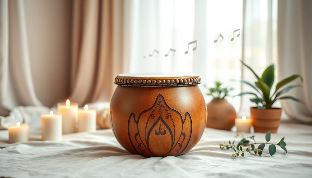 A serene scene focusing on a beautifully crafted tongue drum, made of polished wood with intricate carvings, placed centrally on a calming, soft fabric surface. Surround the drum with natural elements, like soothing candles and potted plants that evoke relaxation. In the background, a gentle light filters through a softly draped curtain, creating a warm and inviting atmosphere. Include a hint of imagery suggesting music therapy, such as notes gently swirling in the air. The overall mood should be tranquil and meditative, inviting feelings of peace and wellness. The lighting should be soft and diffused to enhance the serene ambiance, with a shallow depth of field to emphasize the drum in the foreground. A serene scene focusing on a beautifully crafted tongue drum, made of polished wood with intricate carvings, placed centrally on a calming, soft fabric surface. Surround the drum with natural elements, like soothing candles and potted plants that evoke relaxation. In the background, a gentle light filters through a softly draped curtain, creating a warm and inviting atmosphere. Include a hint of imagery suggesting music therapy, such as notes gently swirling in the air. The overall mood should be tranquil and meditative, inviting feelings of peace and wellness. The lighting should be soft and diffused to enhance the serene ambiance, with a shallow depth of field to emphasize the drum in the foreground.