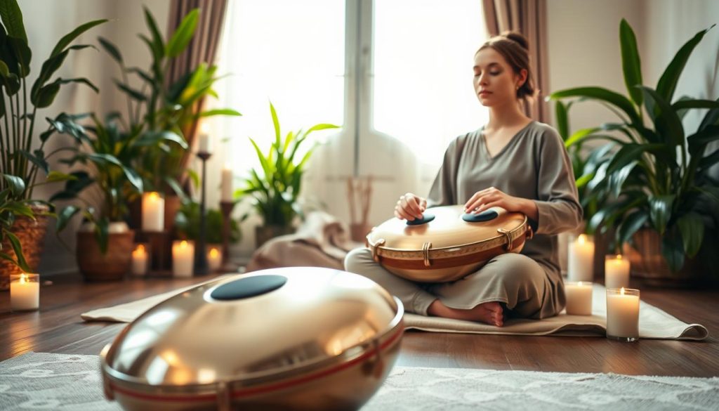 A tranquil meditation scene featuring a person sitting cross-legged on a soft mat, playing a beautifully crafted tongue drum. The foreground showcases the intricate details of the tongue drum, with its metallic surface catching soft light. In the middle, the meditator, dressed in modest, comfortable clothing, is immersed in the music, eyes gently closed, radiating peace. Surrounding them is a serene space filled with lush green plants and candles that emit a warm, flickering glow. The background includes a softly blurred window revealing gentle sunlight streaming in, enhancing the ambiance. The entire image conveys a sense of calm and spiritual connection, inviting viewers into a meditative atmosphere. A tranquil meditation scene featuring a person sitting cross-legged on a soft mat, playing a beautifully crafted tongue drum. The foreground showcases the intricate details of the tongue drum, with its metallic surface catching soft light. In the middle, the meditator, dressed in modest, comfortable clothing, is immersed in the music, eyes gently closed, radiating peace. Surrounding them is a serene space filled with lush green plants and candles that emit a warm, flickering glow. The background includes a softly blurred window revealing gentle sunlight streaming in, enhancing the ambiance. The entire image conveys a sense of calm and spiritual connection, inviting viewers into a meditative atmosphere.