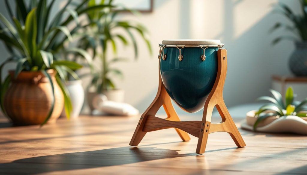 A tranquil setting featuring a beautifully crafted tongue drum, prominently placed on a sturdy and ergonomic wooden stand, emphasizing stability and comfort during play. The foreground showcases the drum in rich, harmonious tones of blue and green, while the sturdy support is intricately designed with natural wood grain and sleek lines. In the middle ground, gentle lighting casts soft shadows, highlighting the craftsmanship of the drum and stand. The background is softly blurred, suggesting a serene atmosphere filled with plants and soft textures, enhancing the mood of relaxation and focus. The scene should convey an inviting space for musical creativity. The lighting should be warm and natural, imitating the gentle glow of sunlight, and captured from a slightly elevated angle to draw attention to the drum and its supporting structure. A tranquil setting featuring a beautifully crafted tongue drum, prominently placed on a sturdy and ergonomic wooden stand, emphasizing stability and comfort during play. The foreground showcases the drum in rich, harmonious tones of blue and green, while the sturdy support is intricately designed with natural wood grain and sleek lines. In the middle ground, gentle lighting casts soft shadows, highlighting the craftsmanship of the drum and stand. The background is softly blurred, suggesting a serene atmosphere filled with plants and soft textures, enhancing the mood of relaxation and focus. The scene should convey an inviting space for musical creativity. The lighting should be warm and natural, imitating the gentle glow of sunlight, and captured from a slightly elevated angle to draw attention to the drum and its supporting structure.