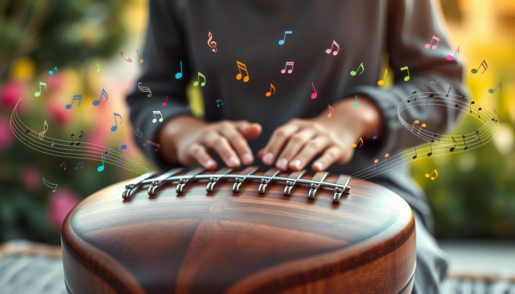 A visually striking representation of a pentatonic scale in musical notation, intricately laid out on a wooden tongue drum. In the foreground, the drum, beautifully crafted with a rich mahogany finish, has delicate patterns etched into its surface. Surrounding it, small, colorful musical notes and symbols rise up, swirling in harmonizing colors like blues, greens, and purples. In the middle, softly blurred outlines of hands play the drum, conveying a sense of movement and rhythm, dressed in modest casual clothing. The background features soft, warm lighting that enhances the serene and calming atmosphere, suggesting a peaceful music therapy session. A subtle, out-of-focus natural setting like a serene garden is visible, adding to the tranquil mood of the image. A visually striking representation of a pentatonic scale in musical notation, intricately laid out on a wooden tongue drum. In the foreground, the drum, beautifully crafted with a rich mahogany finish, has delicate patterns etched into its surface. Surrounding it, small, colorful musical notes and symbols rise up, swirling in harmonizing colors like blues, greens, and purples. In the middle, softly blurred outlines of hands play the drum, conveying a sense of movement and rhythm, dressed in modest casual clothing. The background features soft, warm lighting that enhances the serene and calming atmosphere, suggesting a peaceful music therapy session. A subtle, out-of-focus natural setting like a serene garden is visible, adding to the tranquil mood of the image.