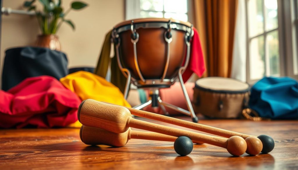 A vivid depiction of essential accessories for a tongue drum, showcasing sturdy mallets and protective covers. In the foreground, place a set of elegantly crafted mallets made of wood with soft rubber tips, emphasizing their fine details and textures. Just behind them, display various drum covers in vibrant colors and materials, showcasing their function and aesthetic appeal. The middle ground features a stylishly designed support stand that holds the tongue drum securely. In the background, create a warm and inviting atmosphere with soft, natural lighting filtering through a window, illuminating the scene. Use a slightly angled perspective to enhance the visual depth, ensuring a cozy yet professional atmosphere that highlights the importance of these accessories in enhancing the playing experience. A vivid depiction of essential accessories for a tongue drum, showcasing sturdy mallets and protective covers. In the foreground, place a set of elegantly crafted mallets made of wood with soft rubber tips, emphasizing their fine details and textures. Just behind them, display various drum covers in vibrant colors and materials, showcasing their function and aesthetic appeal. The middle ground features a stylishly designed support stand that holds the tongue drum securely. In the background, create a warm and inviting atmosphere with soft, natural lighting filtering through a window, illuminating the scene. Use a slightly angled perspective to enhance the visual depth, ensuring a cozy yet professional atmosphere that highlights the importance of these accessories in enhancing the playing experience.