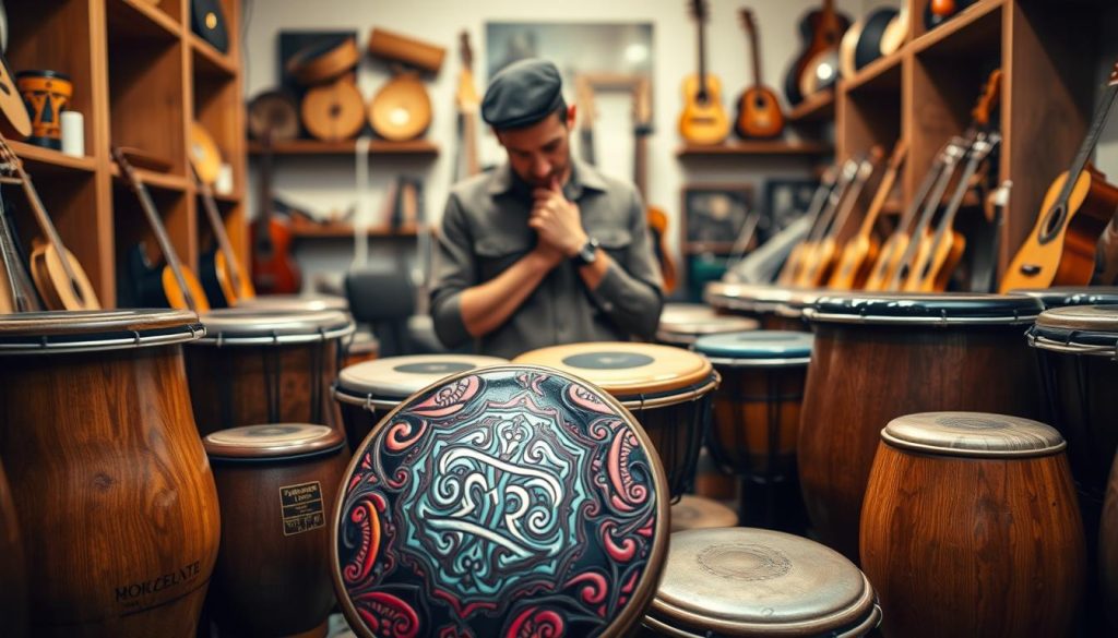 A beautifully arranged display of various tongue drums, showcasing different tonal ranges and note counts. In the foreground, highlight a handcrafted tongue drum with intricate carvings, its vibrant colors glistening under soft, warm lighting. Surround it with a selection of drums in various sizes and finishes, each labeled with their unique note configurations. In the middle ground, feature a person dressed in modest casual attire, thoughtfully examining one of the drums, their expression reflective and engaged. The background should softly blur out to reveal a cozy music studio filled with wooden shelves and musical instruments. Use a shallow depth of field to focus on the drums, creating an inviting and warm atmosphere, suggesting the importance of choosing the right instrument for personal use. A beautifully arranged display of various tongue drums, showcasing different tonal ranges and note counts. In the foreground, highlight a handcrafted tongue drum with intricate carvings, its vibrant colors glistening under soft, warm lighting. Surround it with a selection of drums in various sizes and finishes, each labeled with their unique note configurations. In the middle ground, feature a person dressed in modest casual attire, thoughtfully examining one of the drums, their expression reflective and engaged. The background should softly blur out to reveal a cozy music studio filled with wooden shelves and musical instruments. Use a shallow depth of field to focus on the drums, creating an inviting and warm atmosphere, suggesting the importance of choosing the right instrument for personal use.