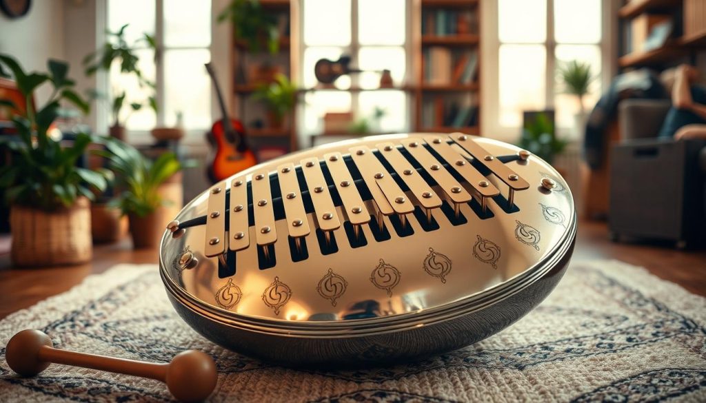 A beautifully arranged tongue drum, showcasing a variety of scales and note placements. In the foreground, the tongue drum is made of polished metal with intricate designs, reflecting soft sunlight. Surrounding it are wooden mallets, highlighting craftsmanship. The middle ground features an inviting setup with a softly lit room, hints of greenery from potted plants, and a cozy rug beneath the drum. The background has blurred shelves filled with musical instruments and books, enhancing the artistic vibe. Warm, ambient lighting creates a calm atmosphere, inviting peace and creativity. Capture this scene from a slightly elevated angle, focusing on the drum's unique note arrangements and inviting details. A beautifully arranged tongue drum, showcasing a variety of scales and note placements. In the foreground, the tongue drum is made of polished metal with intricate designs, reflecting soft sunlight. Surrounding it are wooden mallets, highlighting craftsmanship. The middle ground features an inviting setup with a softly lit room, hints of greenery from potted plants, and a cozy rug beneath the drum. The background has blurred shelves filled with musical instruments and books, enhancing the artistic vibe. Warm, ambient lighting creates a calm atmosphere, inviting peace and creativity. Capture this scene from a slightly elevated angle, focusing on the drum's unique note arrangements and inviting details.