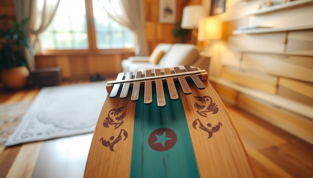 A beautifully crafted tongue drum displayed prominently in the foreground, showcasing a variety of notes and a harmonious scale. The drum features intricate designs and a vibrant color palette that evokes a sense of tranquility and creativity. In the middle ground, soft lighting highlights the textures of the drum, creating a warm atmosphere. Behind the drum, a serene setting of a cozy, wood-paneled room with dim, natural light filtering through a window, suggesting a peaceful home environment. The angle captures the top view of the drum, emphasizing the arrangement and range of notes. The overall mood is inviting and contemplative, perfect for beginners wanting to explore music. A beautifully crafted tongue drum displayed prominently in the foreground, showcasing a variety of notes and a harmonious scale. The drum features intricate designs and a vibrant color palette that evokes a sense of tranquility and creativity. In the middle ground, soft lighting highlights the textures of the drum, creating a warm atmosphere. Behind the drum, a serene setting of a cozy, wood-paneled room with dim, natural light filtering through a window, suggesting a peaceful home environment. The angle captures the top view of the drum, emphasizing the arrangement and range of notes. The overall mood is inviting and contemplative, perfect for beginners wanting to explore music.