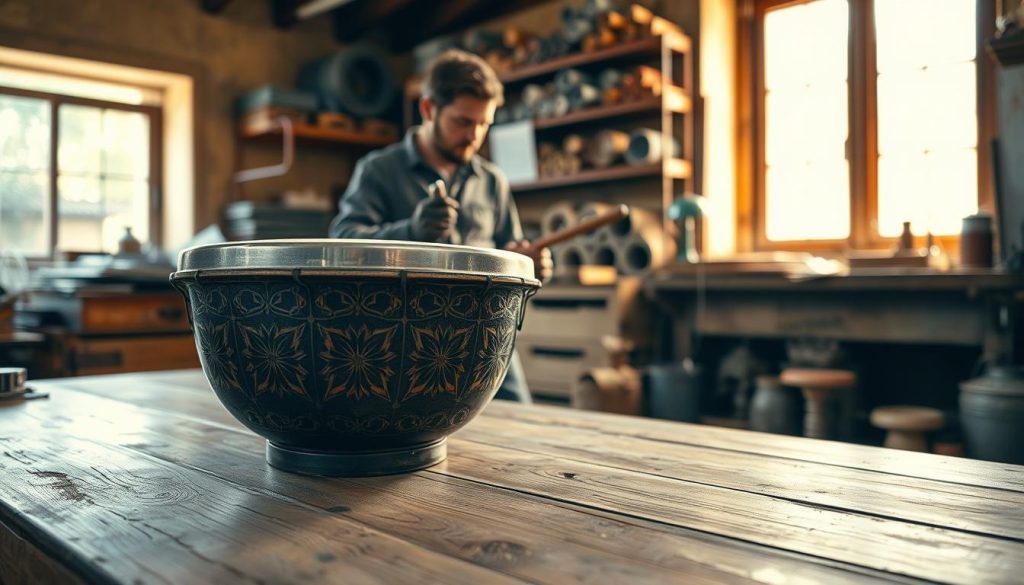 A beautifully crafted tongue drum made from recycled metal, showcasing intricate patterns and a polished steel surface, is the focal point of the image. In the foreground, the drum is positioned on a rustic wooden table, reflecting ambient light that highlights its curves and textures. In the middle ground, a skilled artisan wearing modest casual clothing is gently playing the drum, immersed in the moment, surrounded by tools of the trade. The background features a quaint workshop in Occitanie, with shelves filled with metal materials and blueprints, softly illuminated by warm, natural light coming from an open window. The atmosphere feels inviting and creative, emphasizing the craftsmanship and sustainable practices involved in the creation of these unique musical instruments. A beautifully crafted tongue drum made from recycled metal, showcasing intricate patterns and a polished steel surface, is the focal point of the image. In the foreground, the drum is positioned on a rustic wooden table, reflecting ambient light that highlights its curves and textures. In the middle ground, a skilled artisan wearing modest casual clothing is gently playing the drum, immersed in the moment, surrounded by tools of the trade. The background features a quaint workshop in Occitanie, with shelves filled with metal materials and blueprints, softly illuminated by warm, natural light coming from an open window. The atmosphere feels inviting and creative, emphasizing the craftsmanship and sustainable practices involved in the creation of these unique musical instruments.