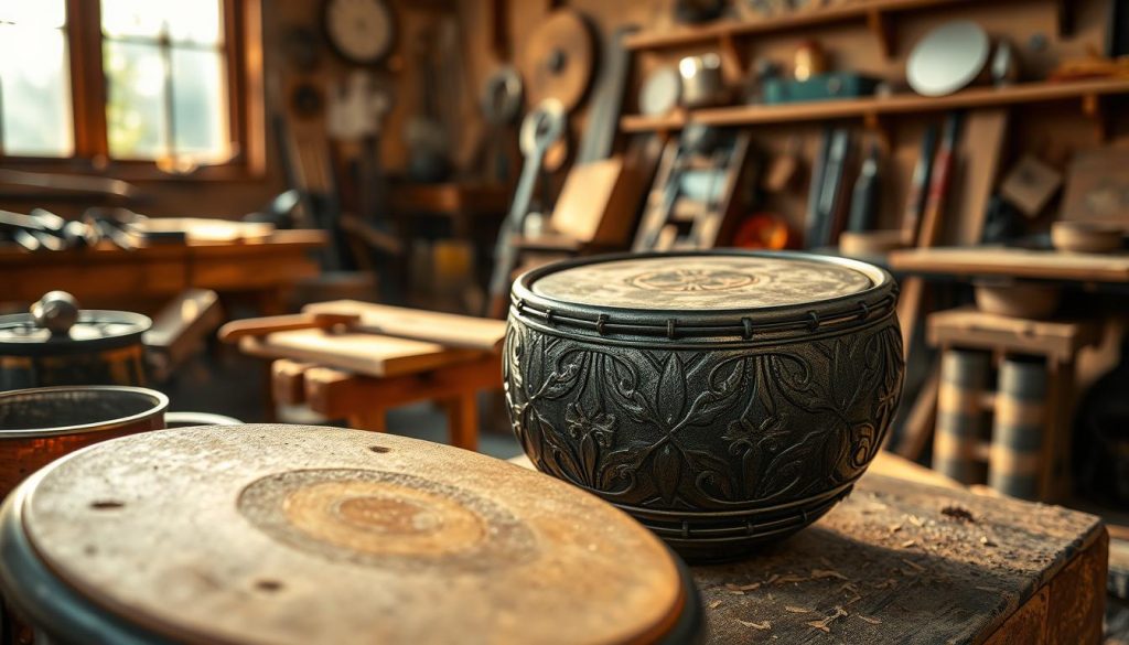 A beautifully crafted tongue drum made of iron and steel, showcasing intricate designs and a smooth, polished surface. In the foreground, highlight the drum with close-up details of its carved patterns and resonant tongues. The middle ground features a serene workshop setting, complete with tools, wood shavings, and a warm, inviting workbench. In the background, soft natural light filters through a window, casting gentle shadows and illuminating the craftsmanship with a golden hue. The atmosphere is peaceful and harmonious, evoking a sense of artistry and dedication to the craft. Use a shallow depth of field to emphasize the drum and create a soft bokeh effect in the background, capturing a moment of creativity and passion in metalwork. A beautifully crafted tongue drum made of iron and steel, showcasing intricate designs and a smooth, polished surface. In the foreground, highlight the drum with close-up details of its carved patterns and resonant tongues. The middle ground features a serene workshop setting, complete with tools, wood shavings, and a warm, inviting workbench. In the background, soft natural light filters through a window, casting gentle shadows and illuminating the craftsmanship with a golden hue. The atmosphere is peaceful and harmonious, evoking a sense of artistry and dedication to the craft. Use a shallow depth of field to emphasize the drum and create a soft bokeh effect in the background, capturing a moment of creativity and passion in metalwork.
